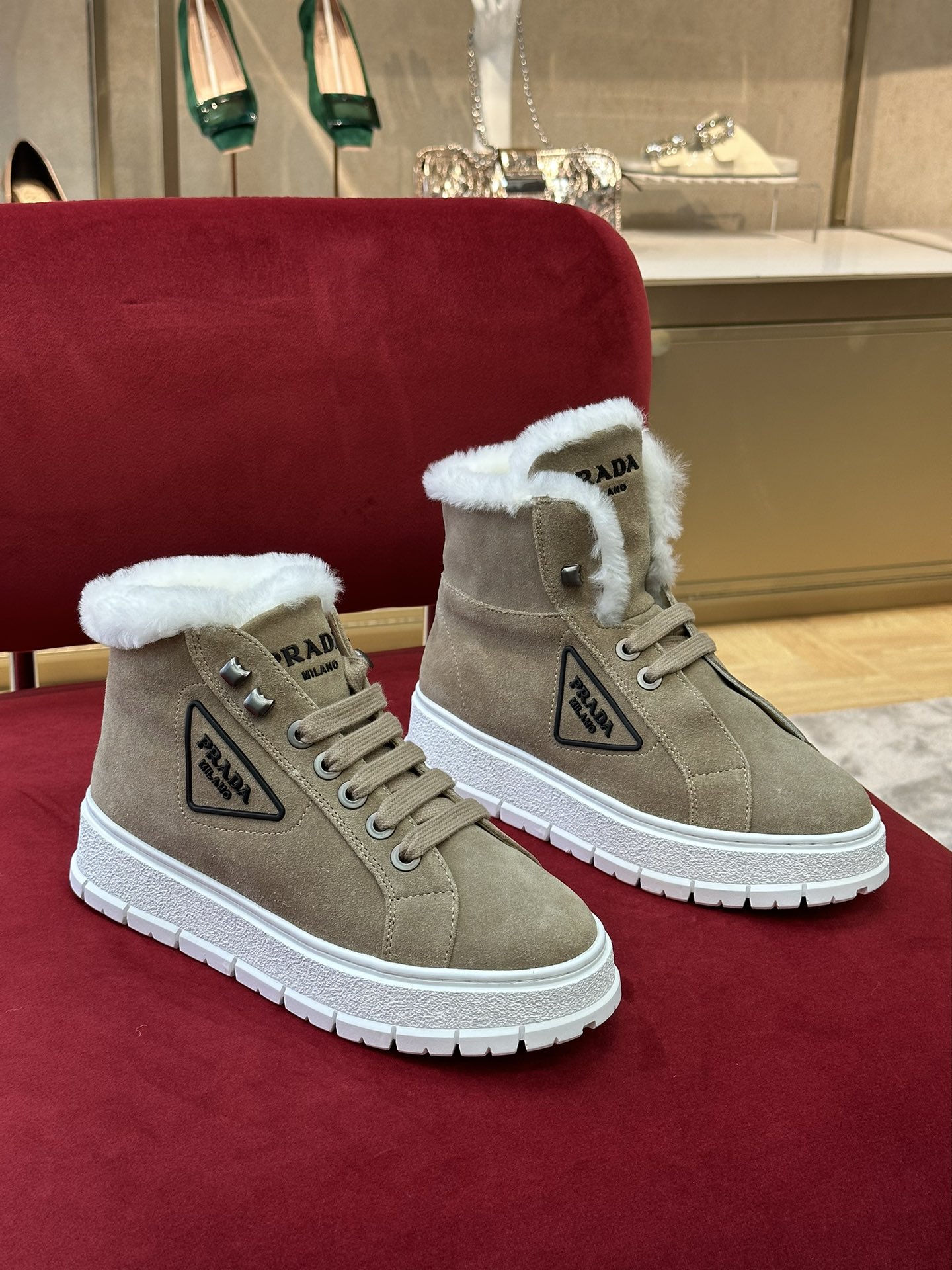 Wholesale
 Prada Shoes Sneakers Buy 1:1
 Chamois Wool Fall/Winter Collection High Tops