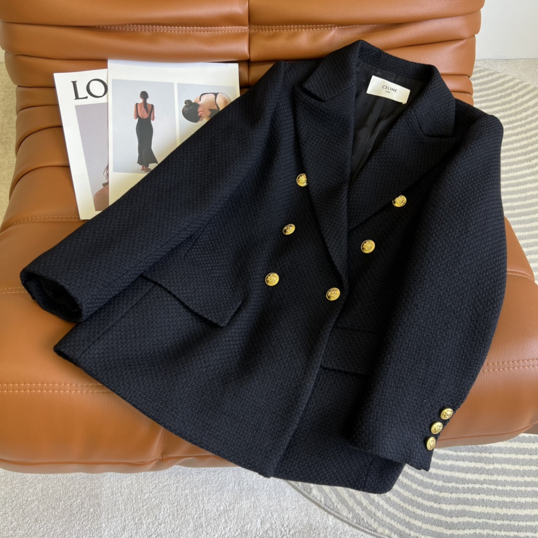 Celine Clothing Coats & Jackets Black Weave Gold Hardware Wool Fall/Winter Collection Vintage