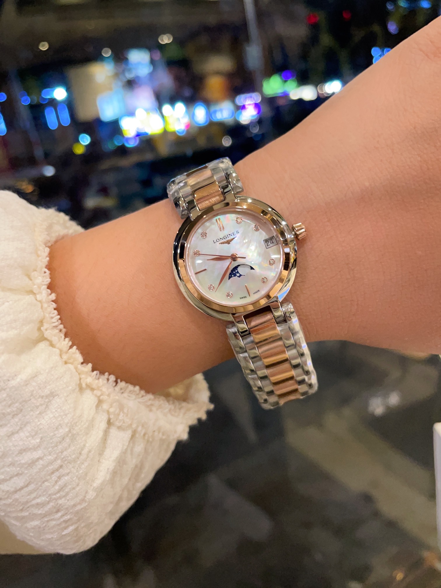 Longines Elegant Collection Moonphase silver stainless steel case, bezel, dial, and bracelet 30mm Women's Quartz