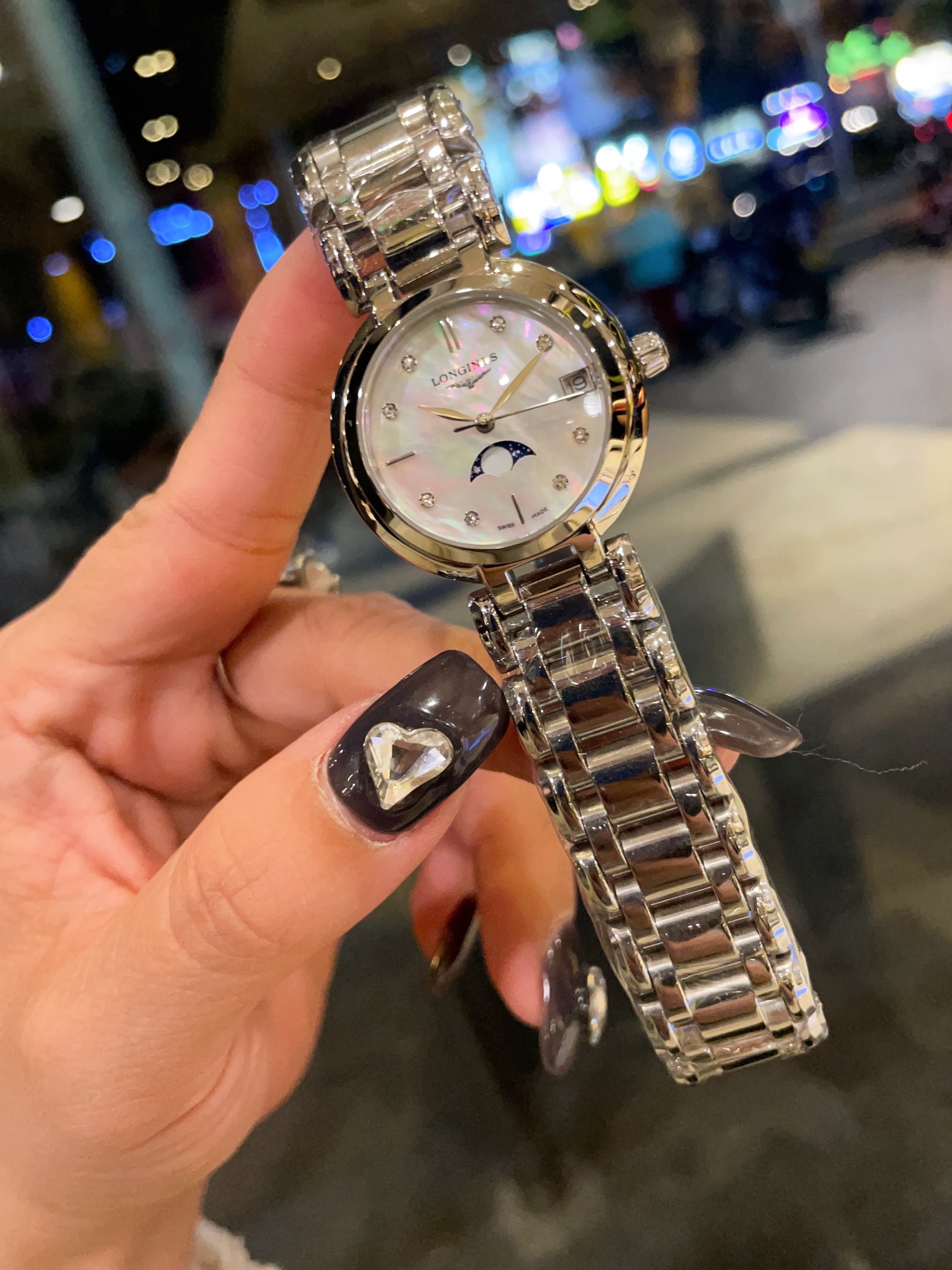 Longines Elegant Collection Moonphase silver stainless steel case, bezel, dial, and bracelet 30mm Women's Quartz