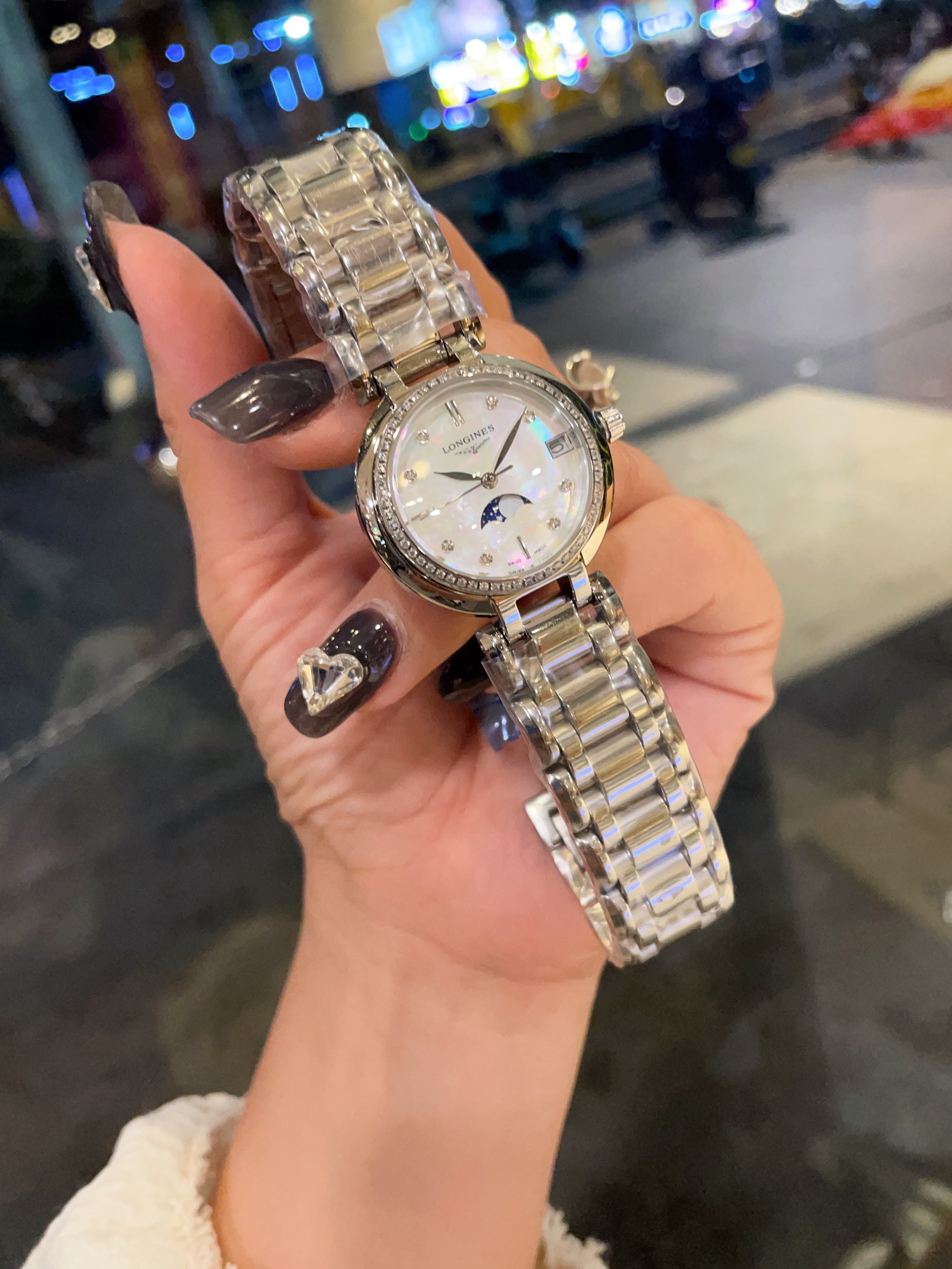 Longines PrimaLuna Moonphase silver case, diamond bezel, white mother-of-pearl dial, silver bracelet 30mm Women's Quartz