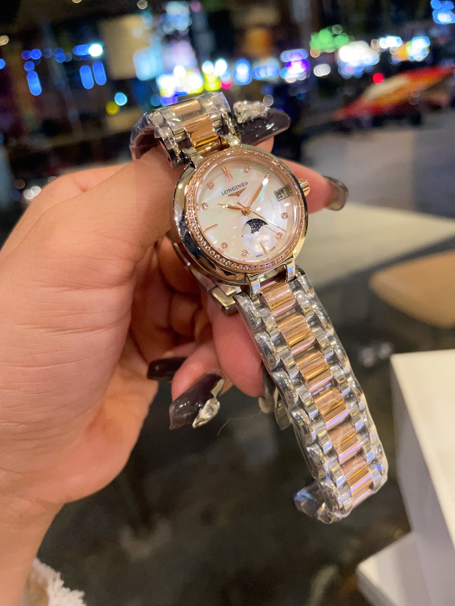 Longines PrimaLuna Moonphase silver case, diamond bezel, white mother-of-pearl dial, silver bracelet 30mm Women's Quartz