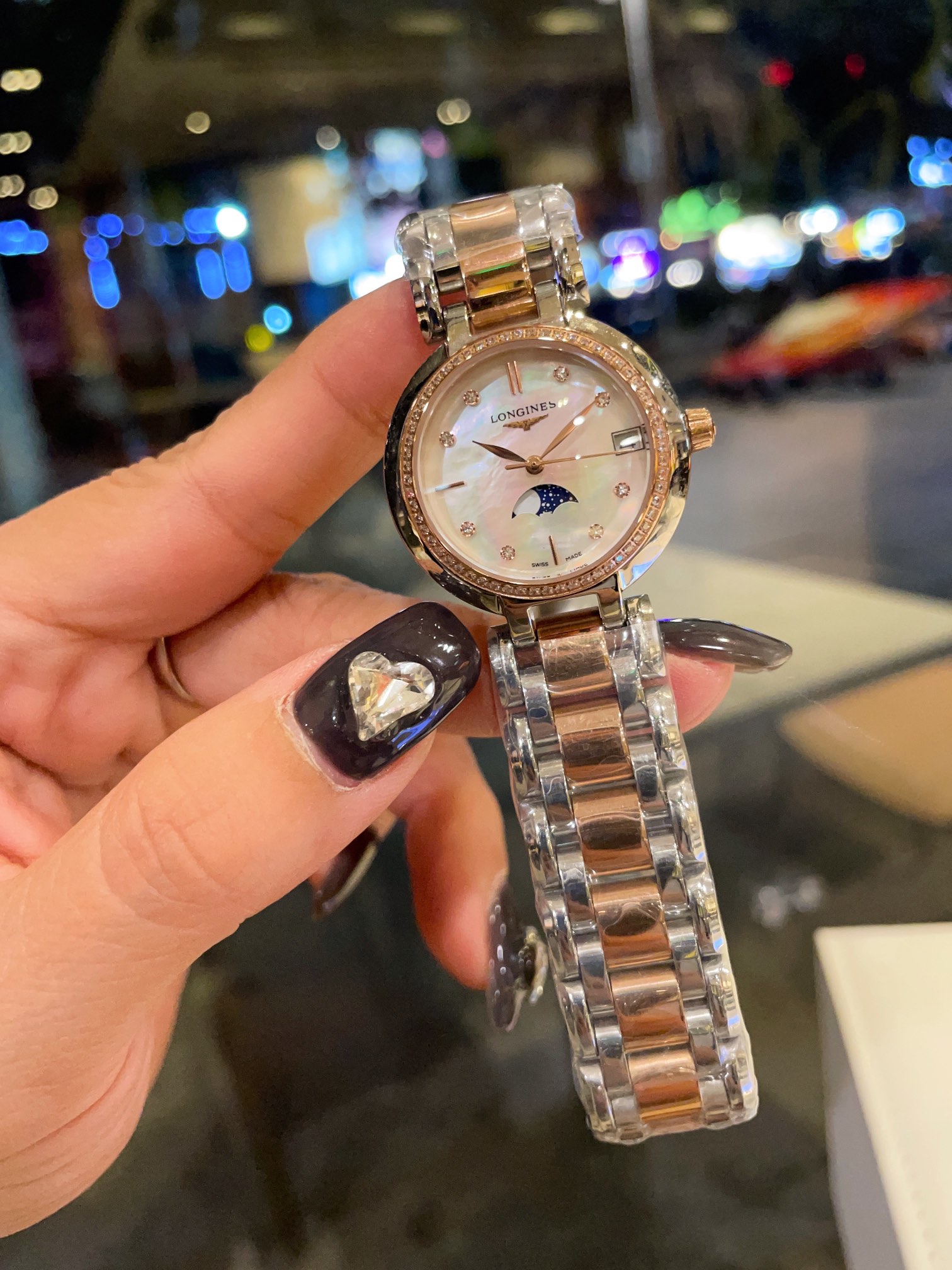 Longines PrimaLuna Moonphase silver case, diamond bezel, white mother-of-pearl dial, silver bracelet 30mm Women's Quartz
