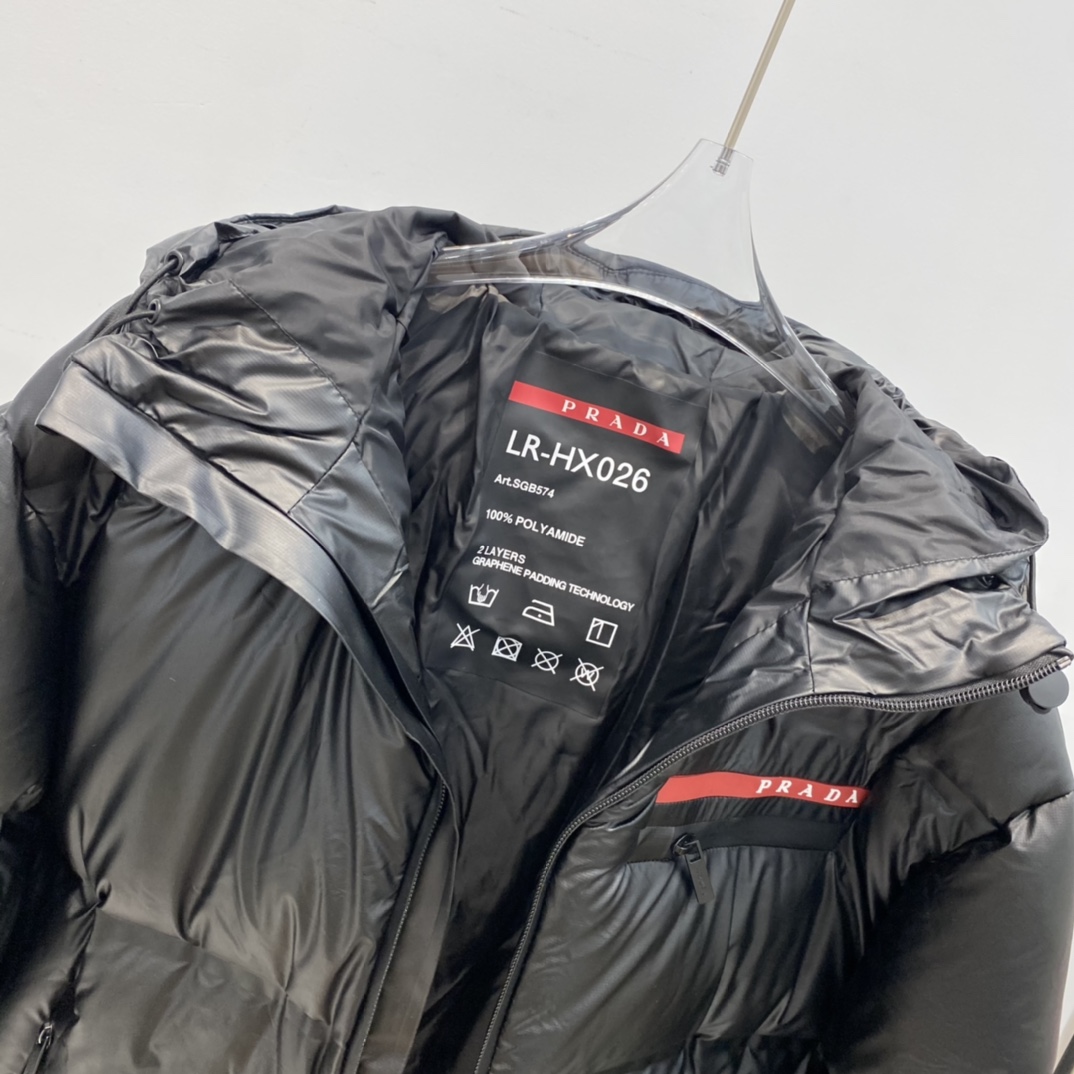 Guangzhou high-quality Prada red label hooded down jacket, unisex, sizes S-XXL.-Big cat