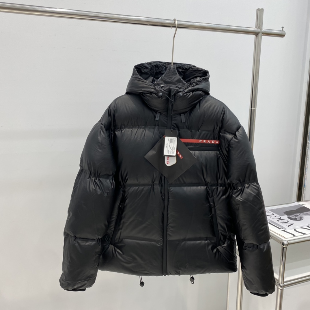 Guangzhou high-quality Prada red label hooded down jacket, unisex, sizes S-XXL.-Big cat