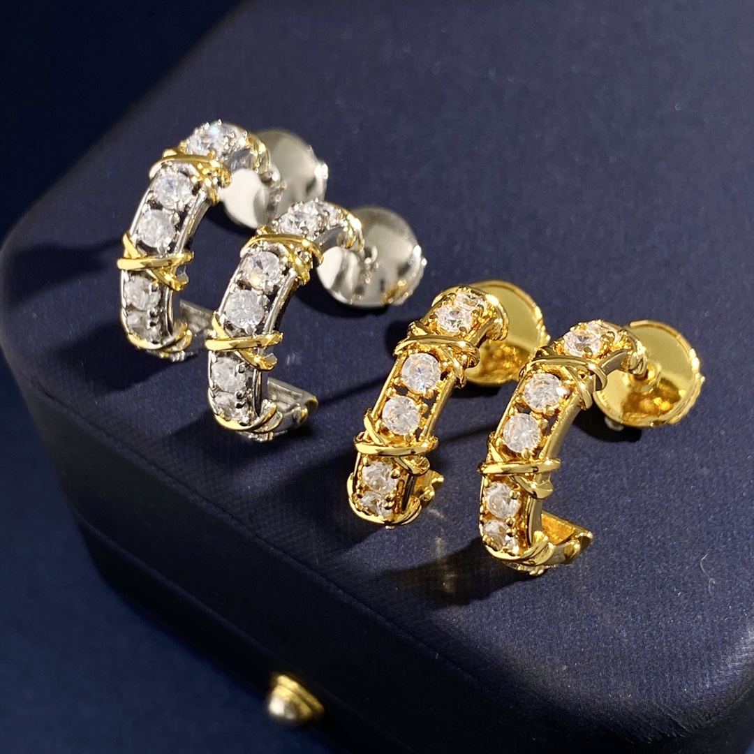 Tiffany Sixteen Stone X Hoop earrings yellow gold with clear round diamonds 15mm hoop diameter