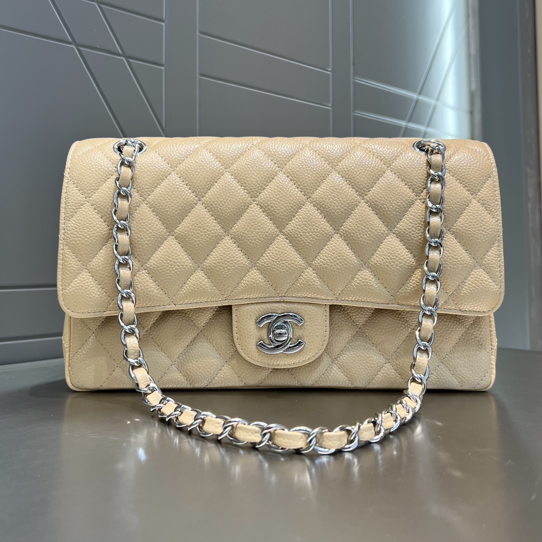 샤넬 CF 클래식 플랩백 25cm 아이보리 베이지 은장 소가죽 33252 Chanel Bag