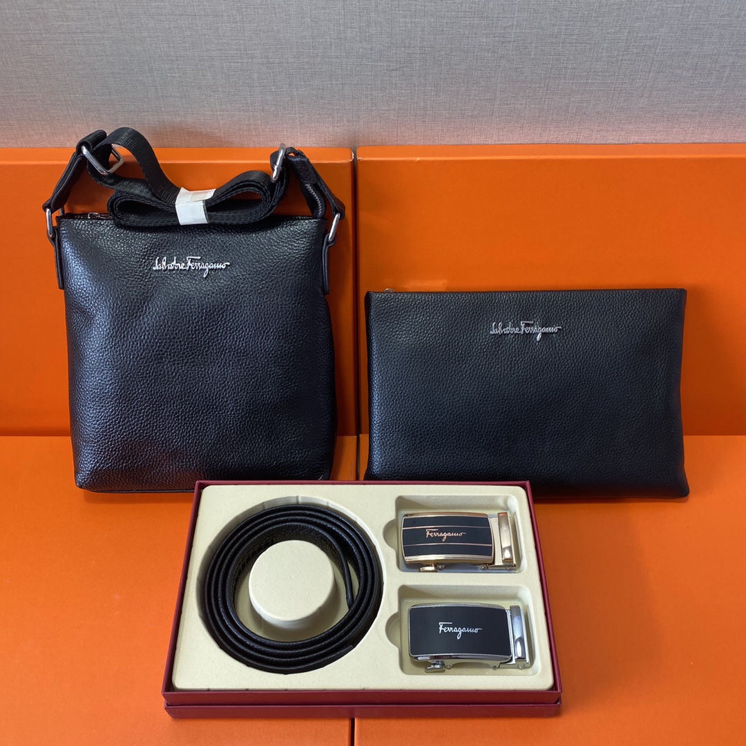 J0 Ferragamo 菲拉格慕  头层皮质组合礼盒包装腰带俩款包包超级组合 公文包包是很实用的选择.手提包日常是非常适合的. 双扣皮带：头层皮质带身搭配3.5cm广州原版扣 尺寸菲拉格慕斜挎包：长20cm宽4cm高22cm\r  菲拉格慕手提包：长26cm宽2cm高17cm