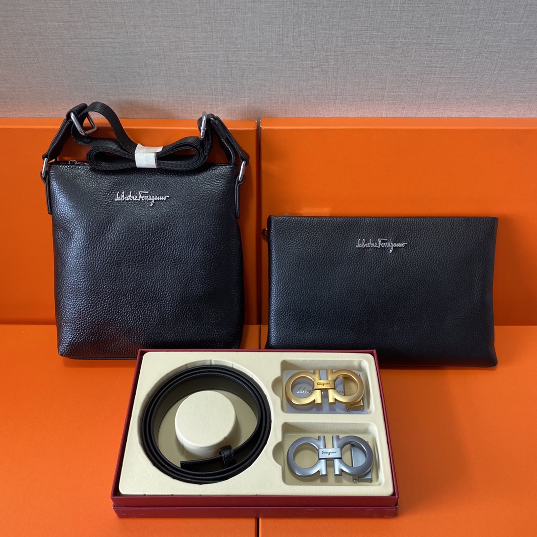 J0 Ferragamo 菲拉格慕  头层皮质组合礼盒包装腰带俩款包包超级组合 公文包包是很实用的选择.手提包日常是非常适合的. 双扣皮带：头层皮质带身搭配3.5cm广州原版扣 尺寸菲拉格慕斜挎包：长20cm宽4cm高22cm\r  菲拉格慕手提包：长26cm宽2cm高17cm