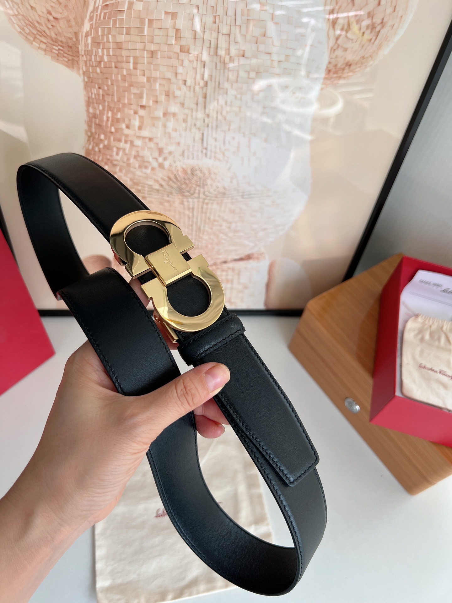 Salvatore  Ferragamo菲拉格慕男士3.5cm经典双圈自动扣，进口双面头层牛皮腰带