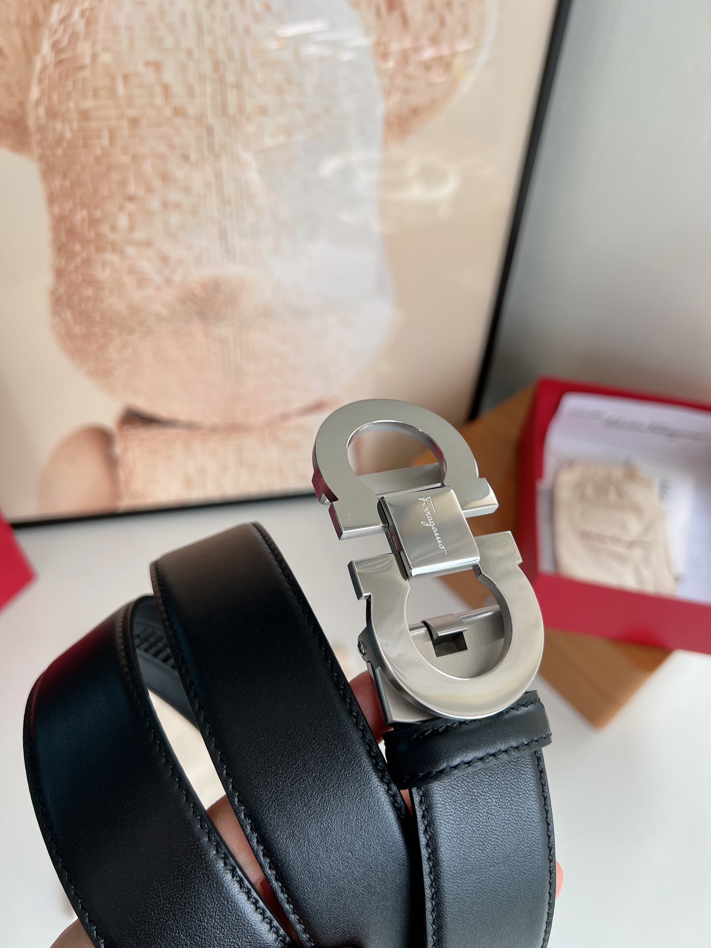 Salvatore  Ferragamo菲拉格慕男士3.5cm经典双圈自动扣，进口双面头层牛皮腰带