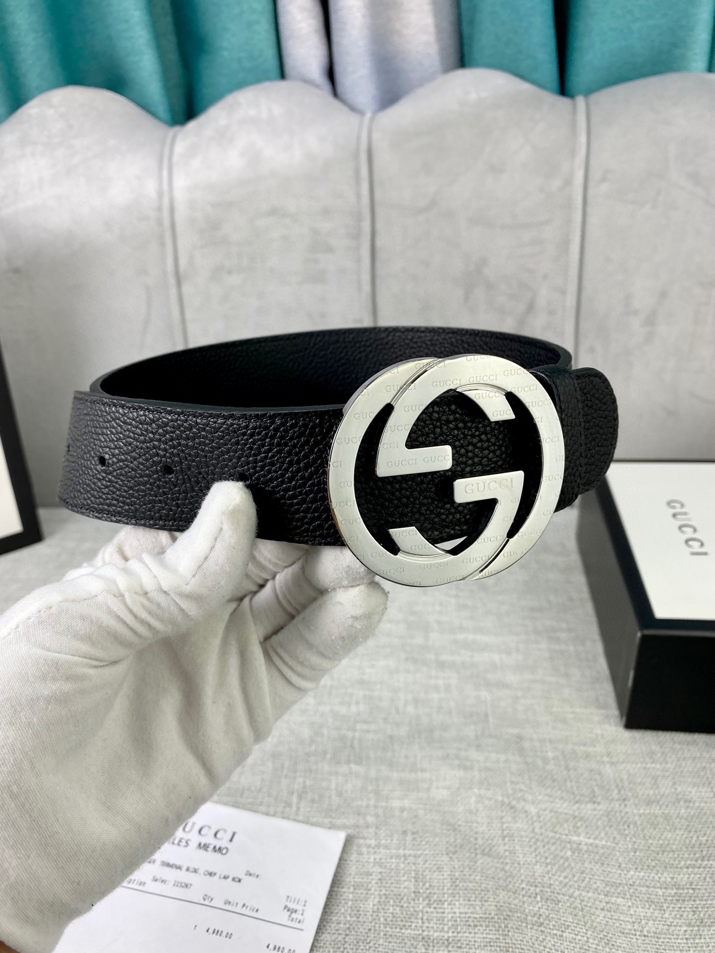 宽度3.8cm GG Marmont系列双色头层牛皮腰带