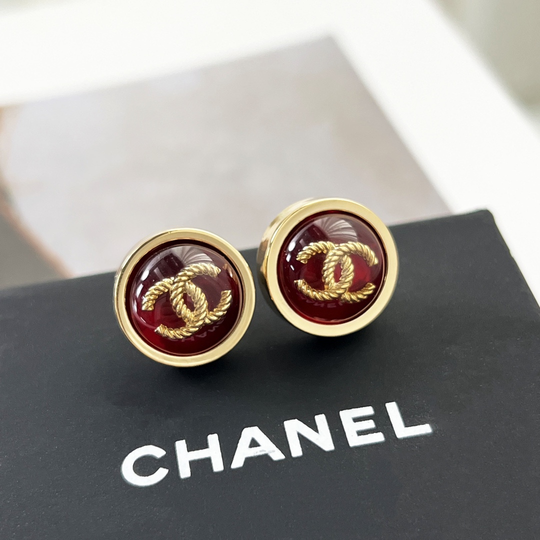 新款☑️CHANEL香奈儿双c圆形红色耳钉耳环