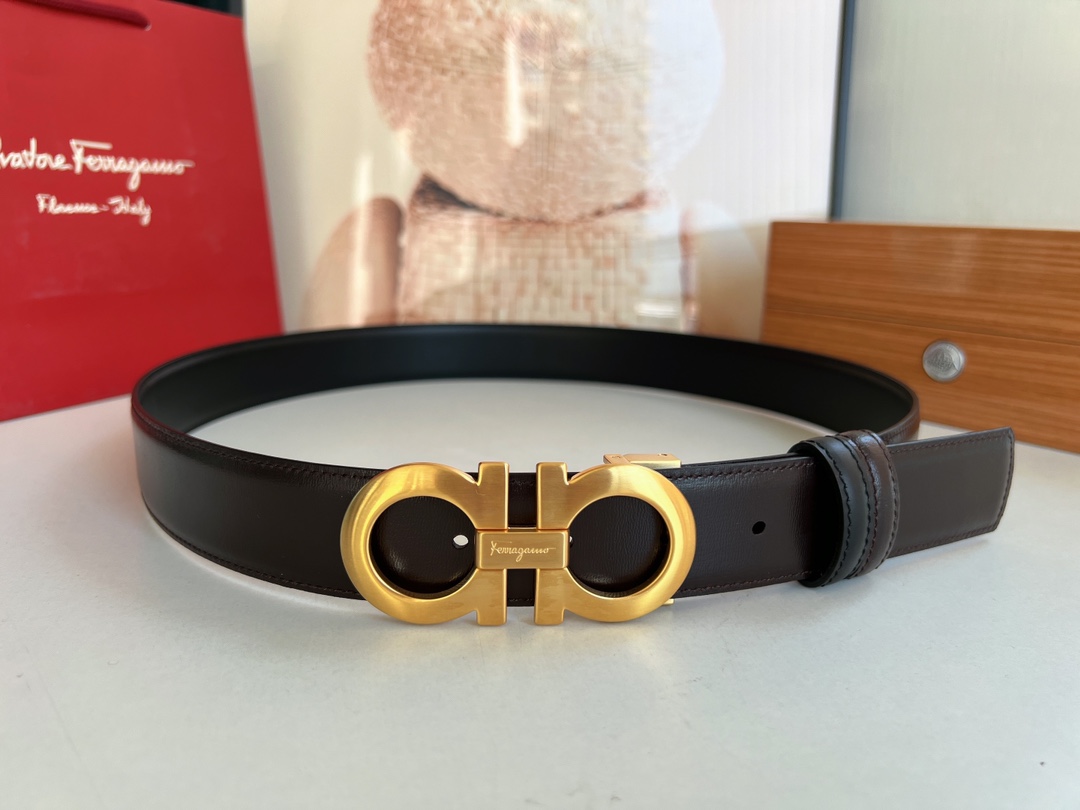 Ferragamo菲拉格慕男士3.5cm精品金属扣进口双面用头层牛皮腰带