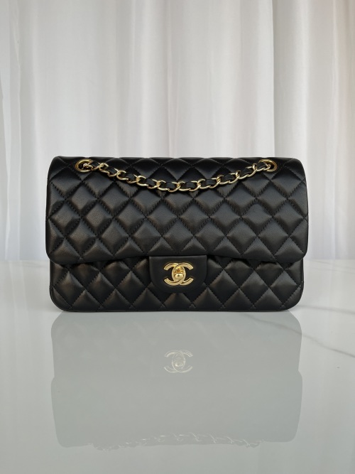 Chanel Classic Flap Bag A1112 Black Lambskin Leather Gold Hardware, 25cm