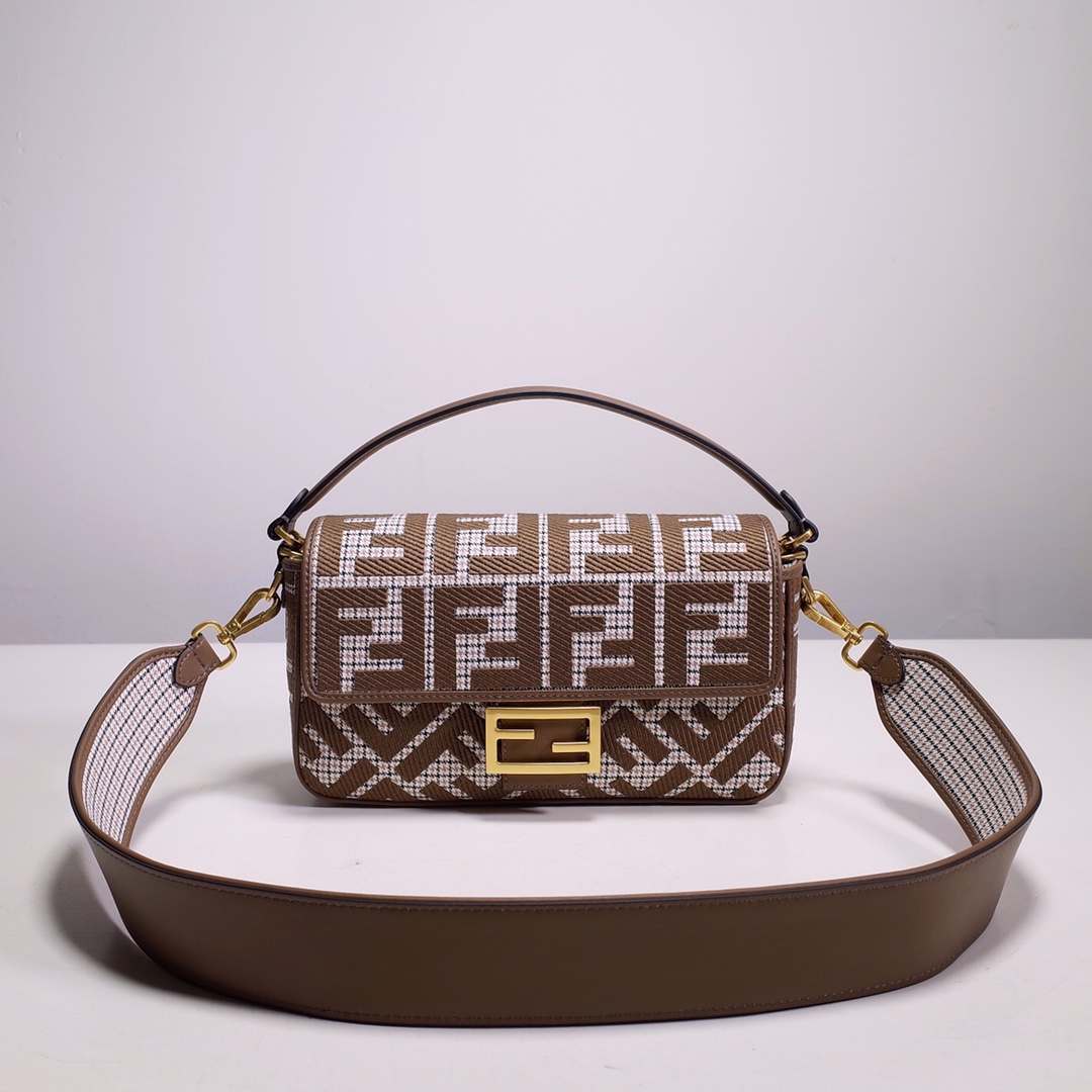 Fendi Iconic Baguette Store
 Bags Handbags Brown White Embroidery Wool