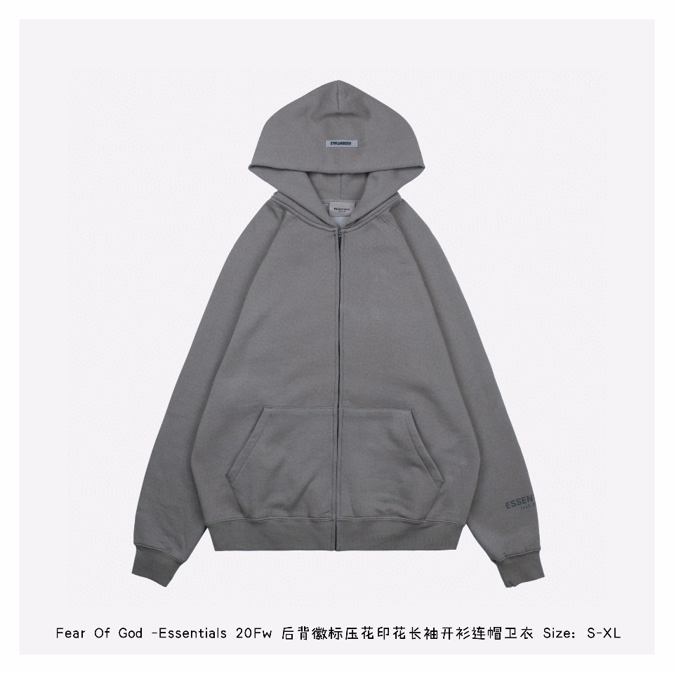 200 完美复刻FEAR OF GOD 复线 ESSENTIALS 基础简约背面压胶logo连帽拉链开衫帽衫