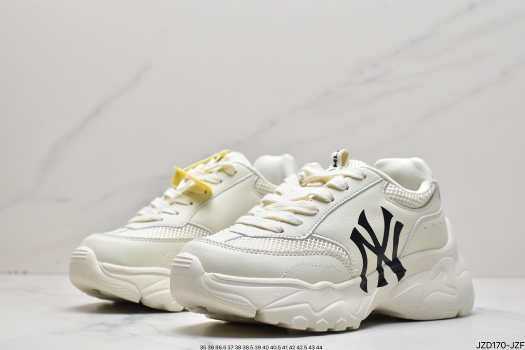 MLB Big Ball Chunky A Running thick-soled daddy thick-soled casual sports jogging shoes ”khaki gray milk white black NY print” 3ASHC3S1N-C0001