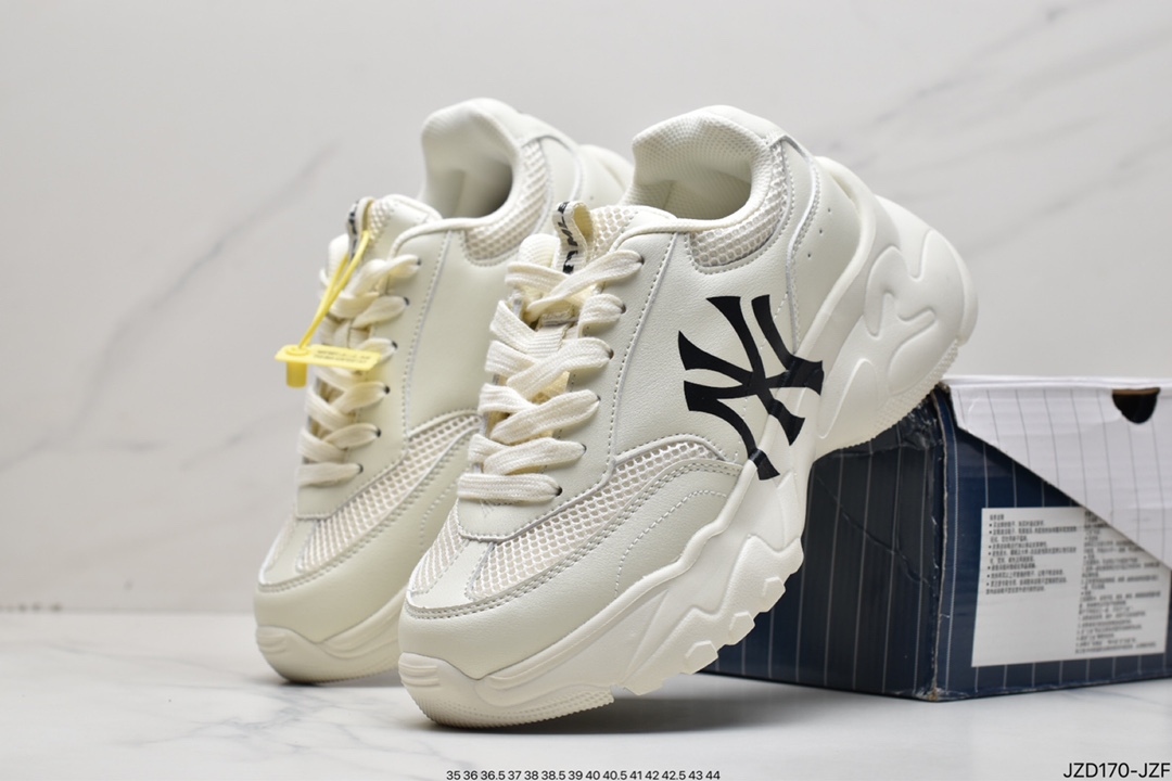 MLB Big Ball Chunky A Running thick-soled daddy thick-soled casual sports jogging shoes ”khaki gray milk white black NY print” 3ASHC3S1N-C0001