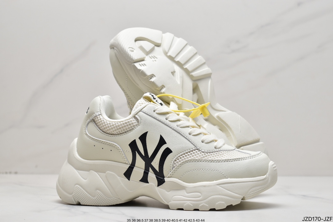 MLB Big Ball Chunky A Running thick-soled daddy thick-soled casual sports jogging shoes ”khaki gray milk white black NY print” 3ASHC3S1N-C0001