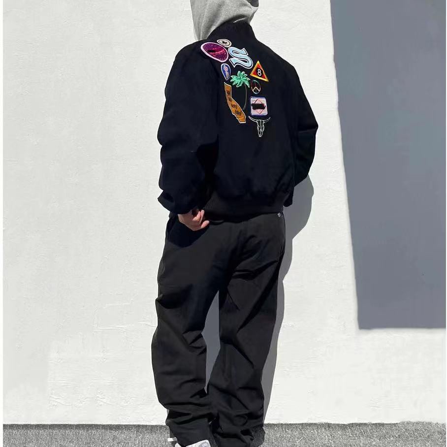 StussyStussy 22Fw multi-icon embroidered cotton baseball uniform coat upper bo