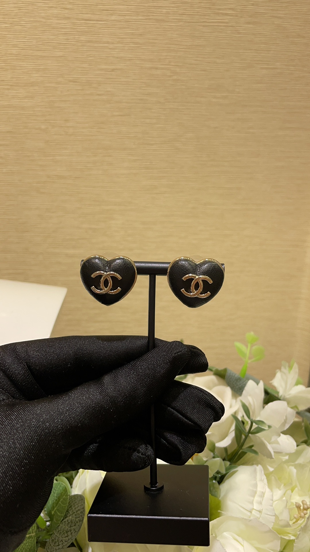 CHANEL Earrings Heart Lambskin Double C Light Gold