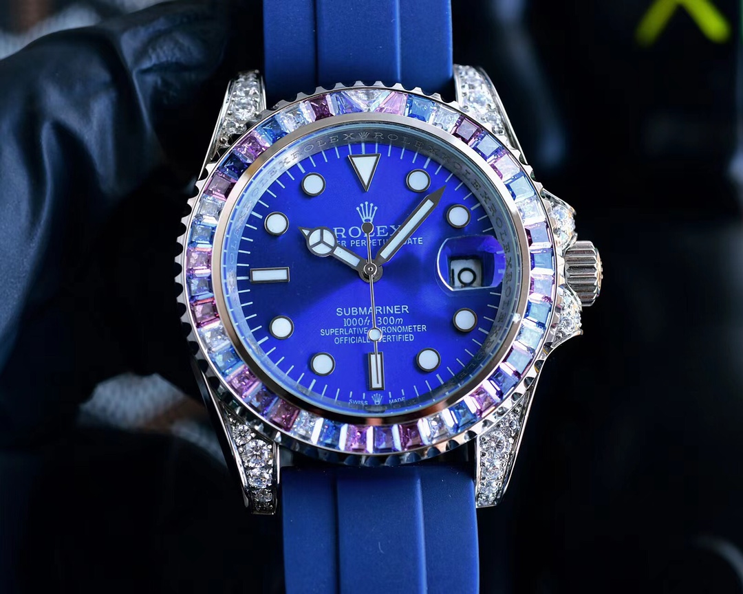 Rolex Submariner Custom Diamond Bezel Automatic Blue Rubber Strap Watch