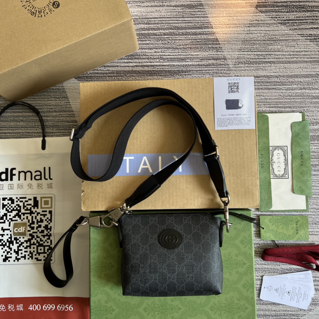 GUCCI 邮差包 黑色GG Supreme帆布 双G皮革 拉链