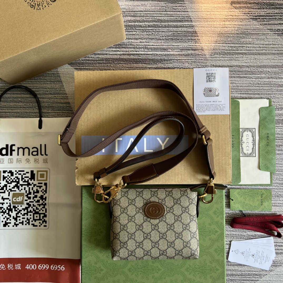 GUCCI 邮差包 GG Supreme帆布 双G皮革 拉链 可拆卸肩带