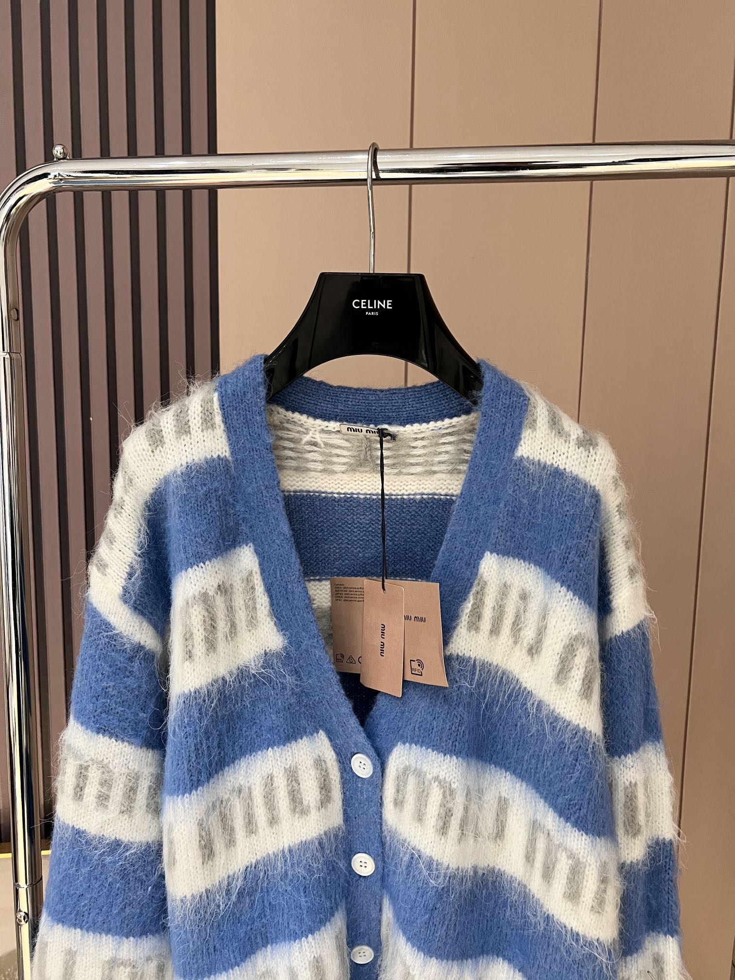2022MiuMiu 2022FW马海毛条纹针织开衫毛衣