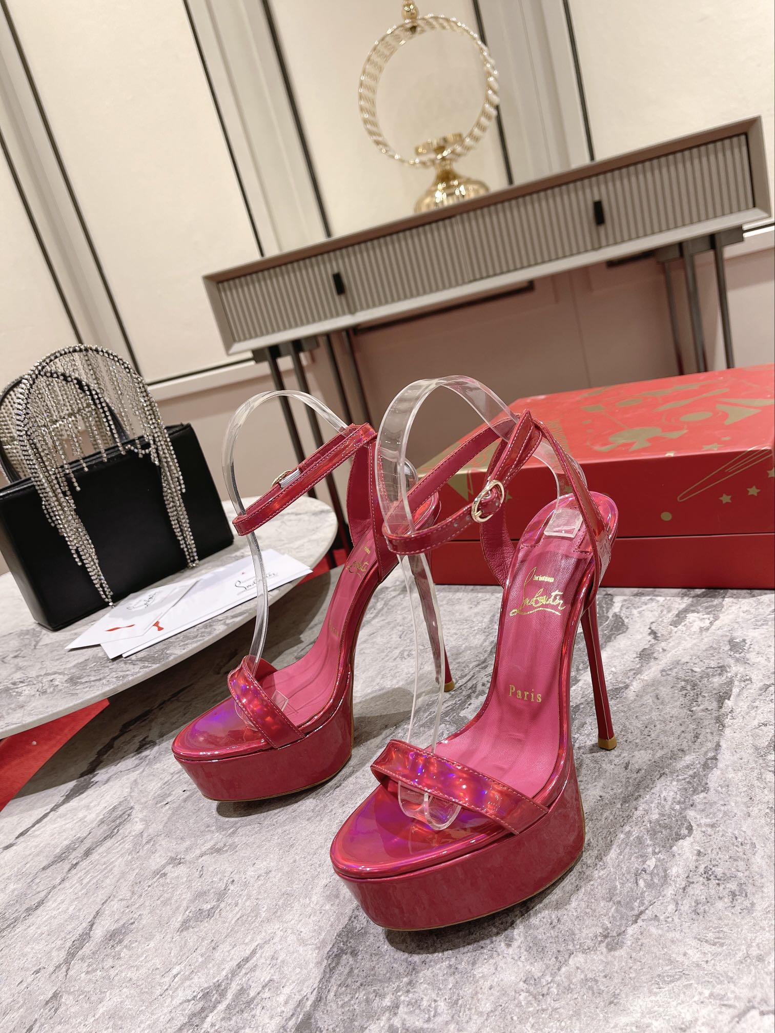 Christian Louboutin Shoes Sandals Black Pink Red Cowhide Patent Leather