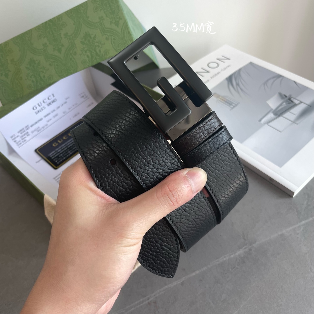 Gucci专柜最新款双面进口原厂牛皮材质宽度3.5cm方形G搭扣双面可用/可裁剪带条颜色-黑配深咖啡