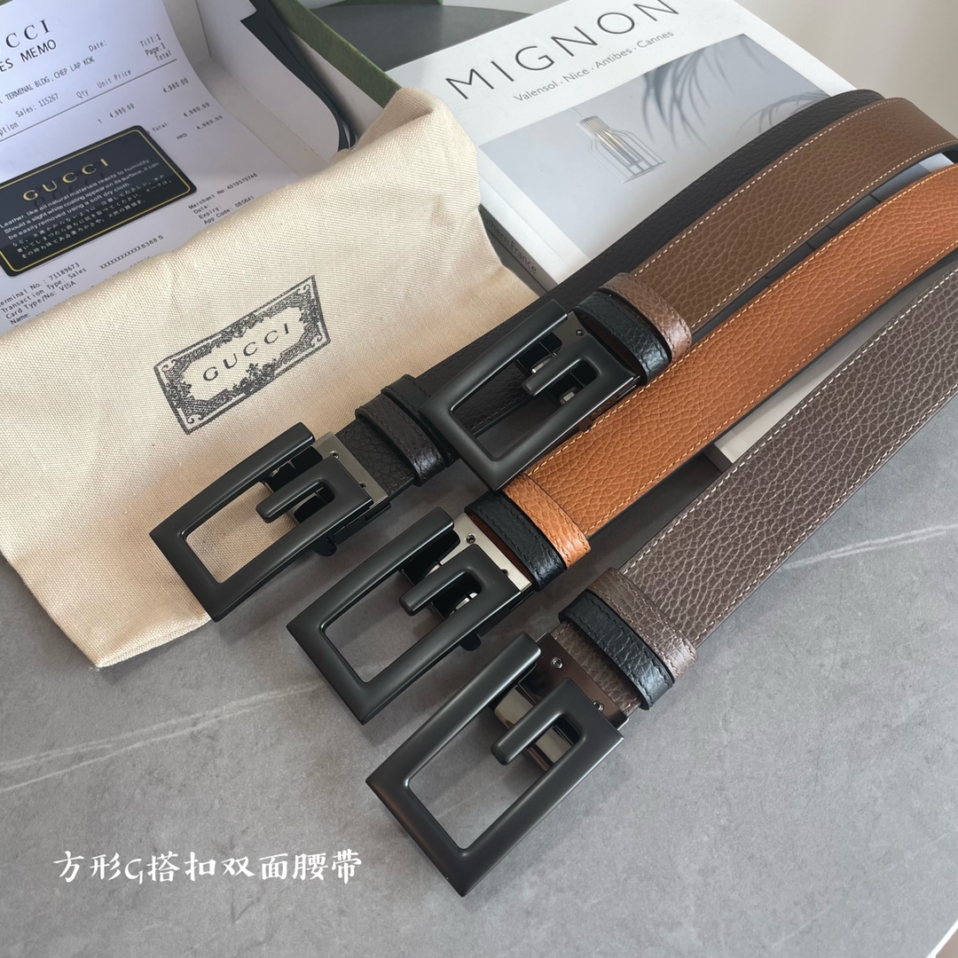 Gucci专柜最新款双面进口原厂牛皮材质宽度3.5cm方形G搭扣双面可用/可裁剪带条颜色-黑配深咖啡