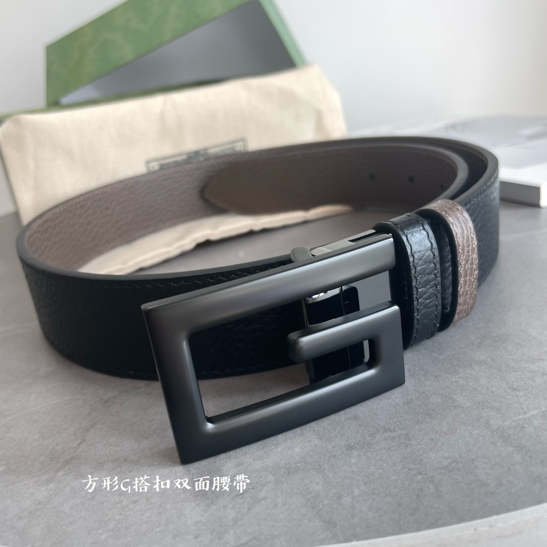 Gucci专柜最新款双面进口原厂牛皮材质宽度3.5cm方形G搭扣双面可用/可裁剪带条颜色-黑配深咖啡