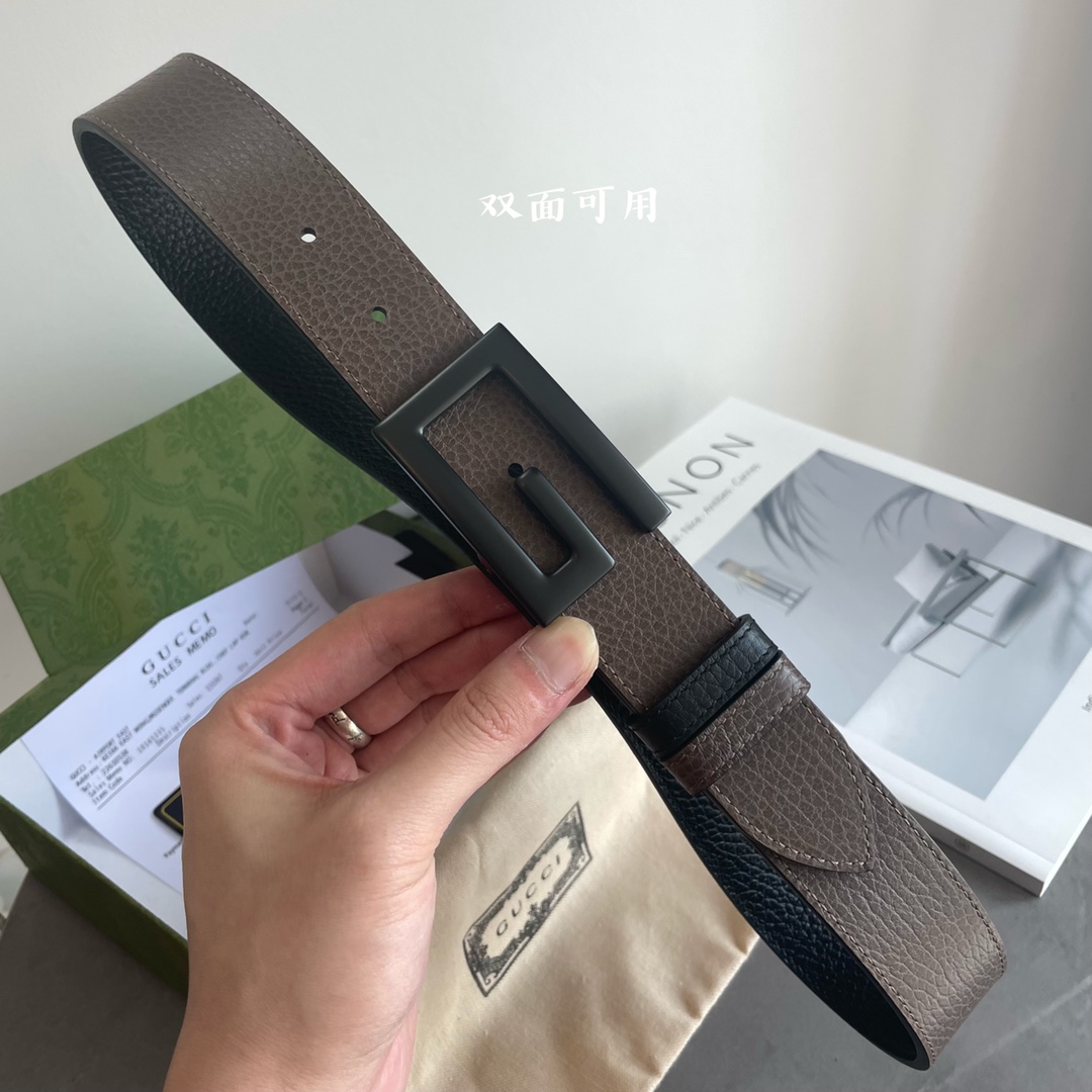 Gucci专柜最新款双面进口原厂牛皮材质宽度3.5cm方形G搭扣双面可用/可裁剪带条颜色-黑配深咖啡
