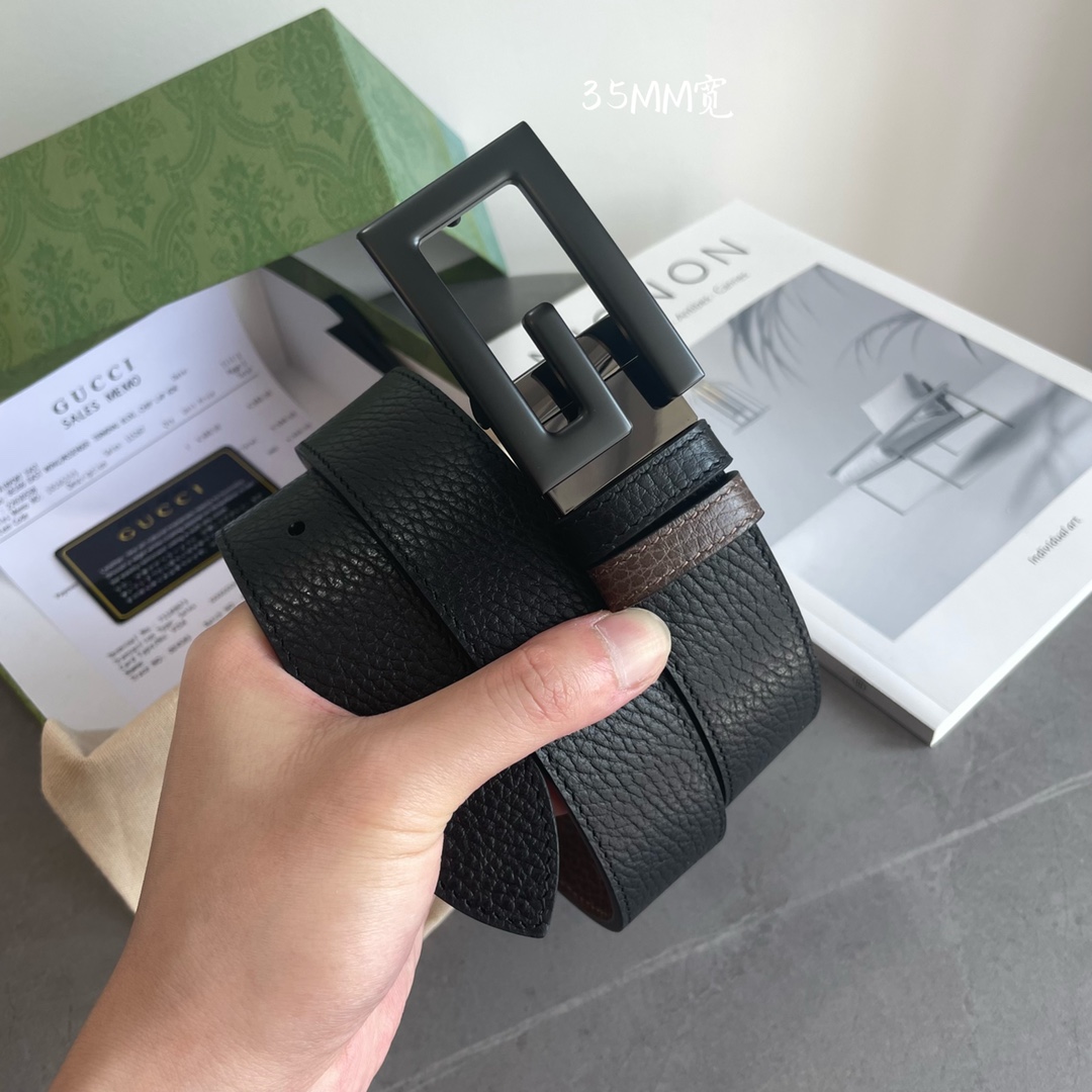 Gucci专柜最新款双面进口原厂牛皮材质宽度3.5cm方形G搭扣双面可用/可裁剪带条颜色-黑配深咖啡