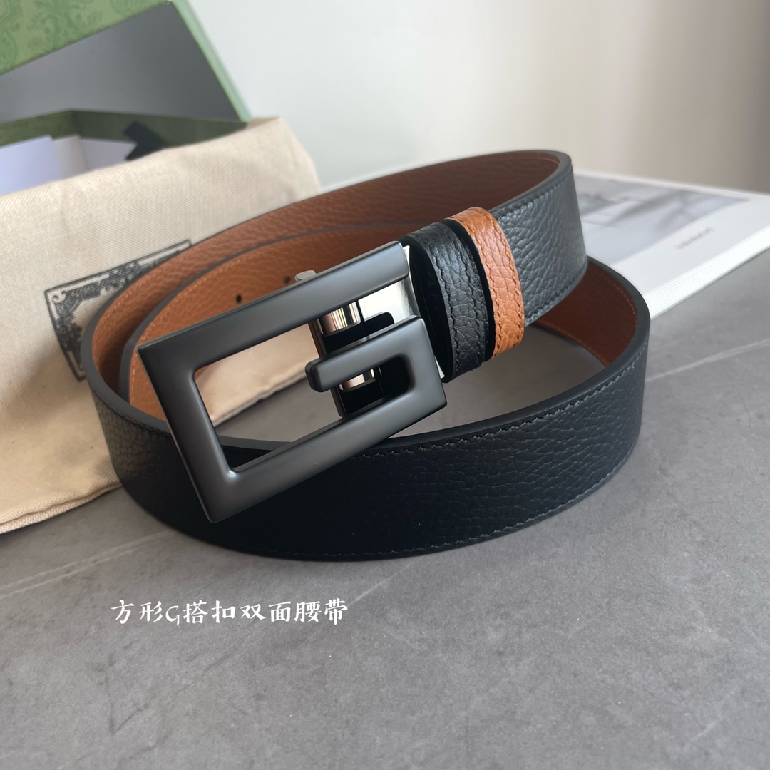 Gucci专柜最新款双面进口原厂牛皮材质宽度3.5cm方形G搭扣双面可用/可裁剪带条颜色-黑配深咖啡