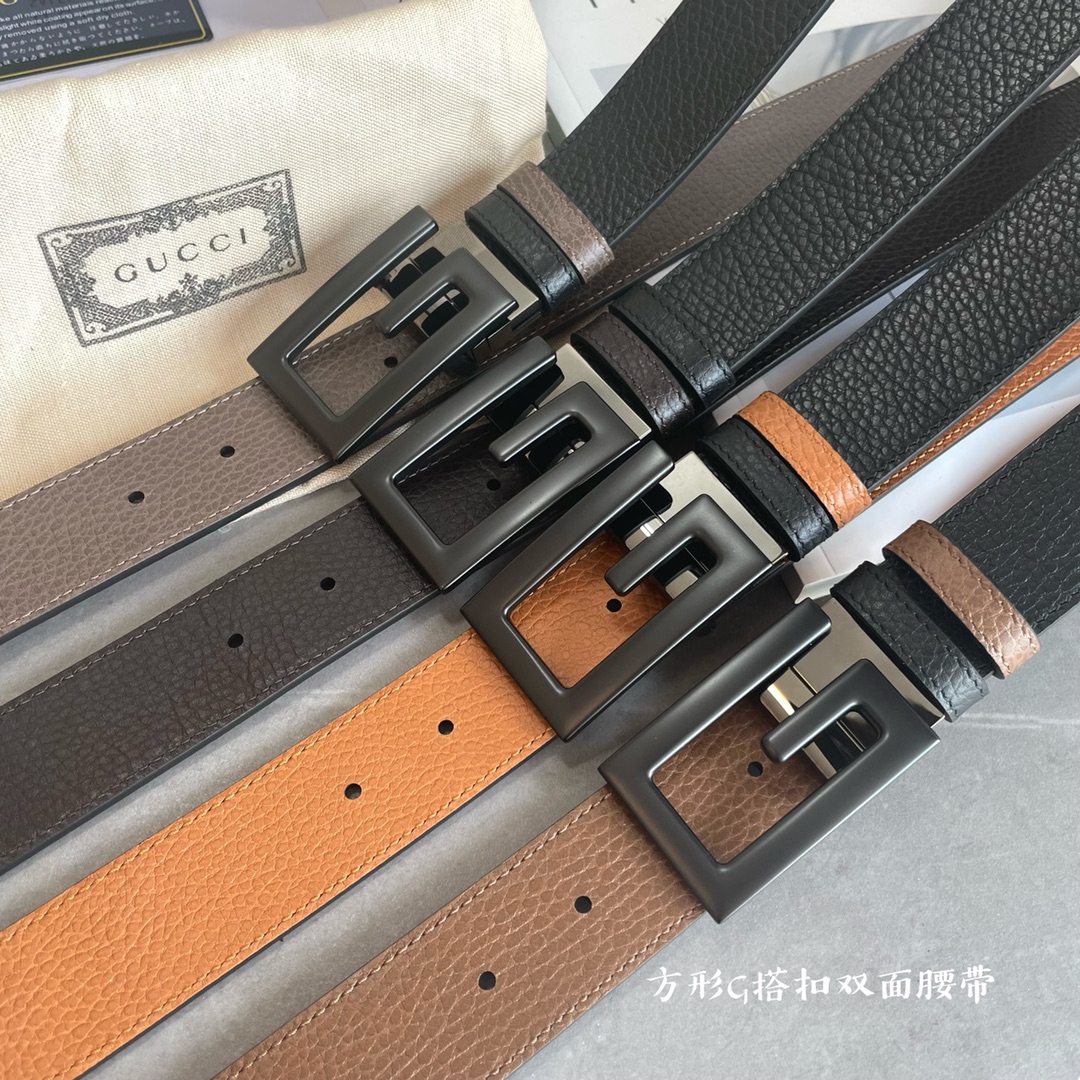 Gucci专柜最新款双面进口原厂牛皮材质宽度3.5cm方形G搭扣双面可用/可裁剪带条颜色-黑配深咖啡