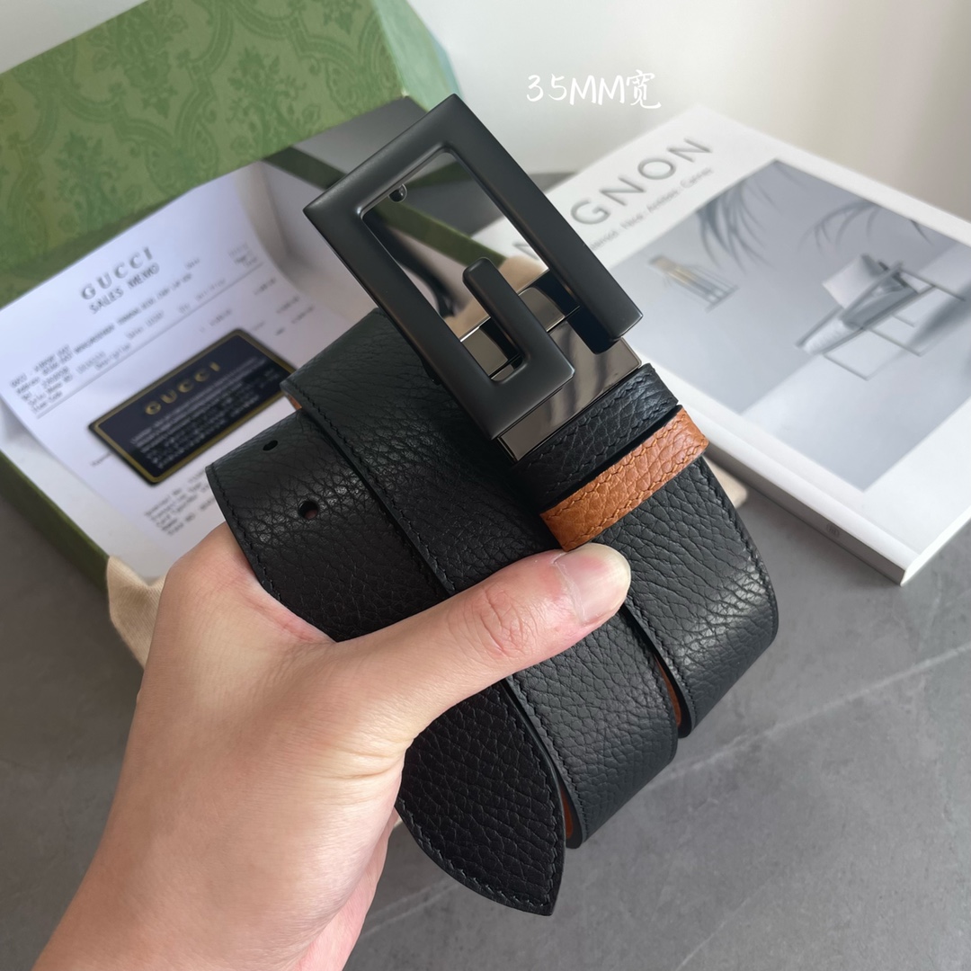 Gucci专柜最新款双面进口原厂牛皮材质宽度3.5cm方形G搭扣双面可用/可裁剪带条颜色-黑配深咖啡