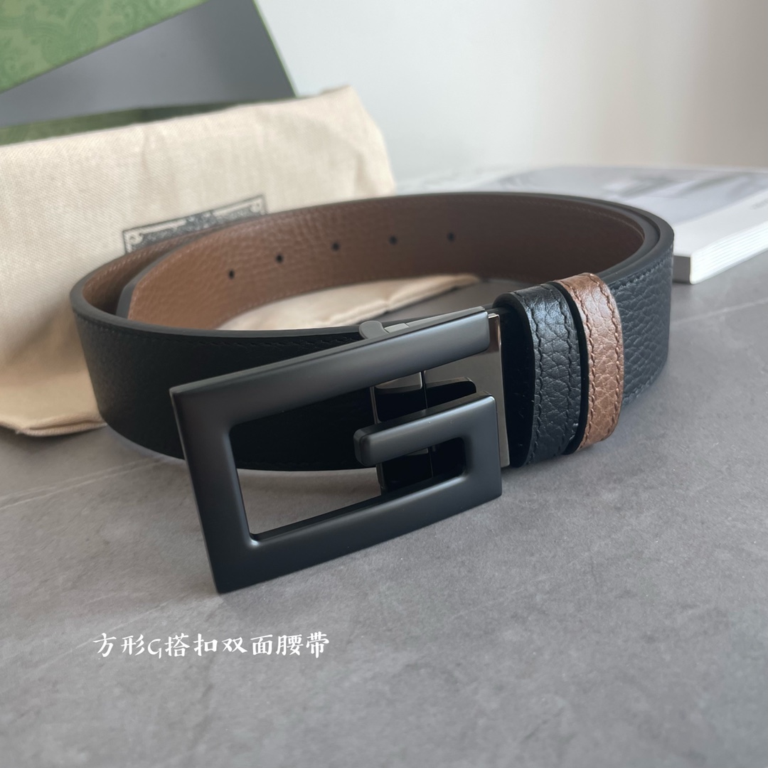 Gucci专柜最新款双面进口原厂牛皮材质宽度3.5cm方形G搭扣双面可用/可裁剪带条颜色-黑配卡其色