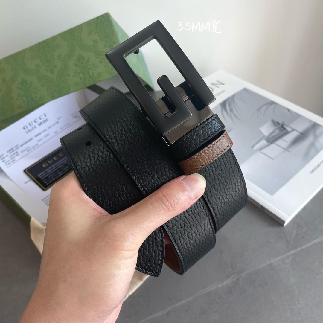 Gucci专柜最新款双面进口原厂牛皮材质宽度3.5cm方形G搭扣双面可用/可裁剪带条颜色-黑配卡其色