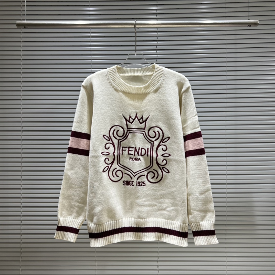 Suéter de cuello redondo de FD con logo de letras y corona bordada, color: blanco, tallas: S M L XL XXL