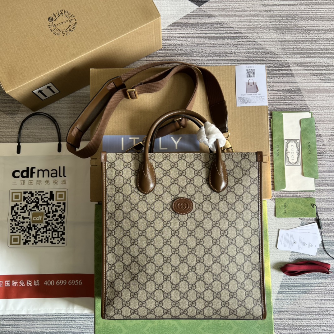 GUCCI сумка-тоўт палатно скураная акантоўка двойчы G лагатып маланка кішэня