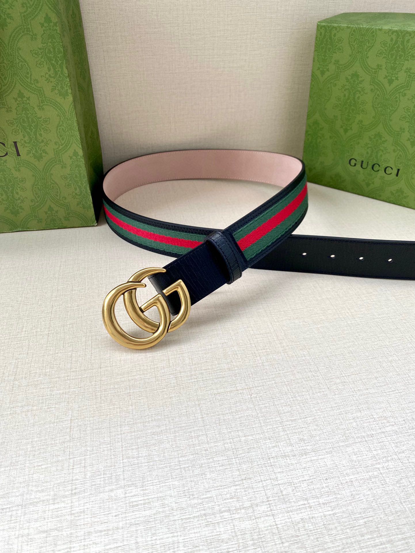 宽度4.0cm GUCCI 经典帆布织带腰带配以织纹皮质滚边和双G原单钢扣