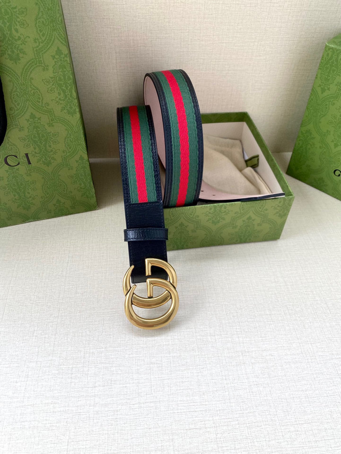宽度4.0cm GUCCI 经典帆布织带腰带配以织纹皮质滚边和双G原单钢扣