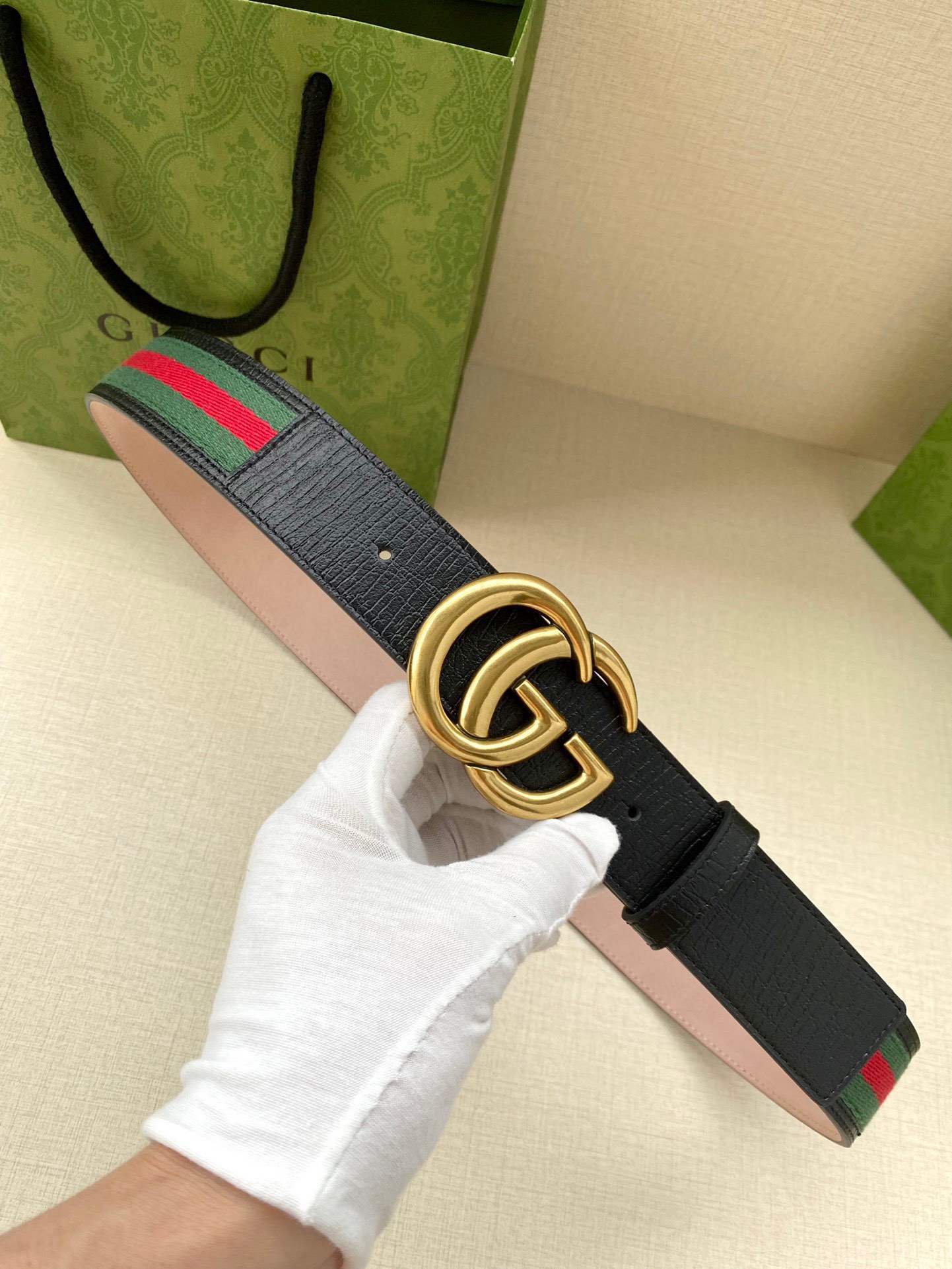 宽度4.0cm GUCCI 经典帆布织带腰带配以织纹皮质滚边和双G原单钢扣