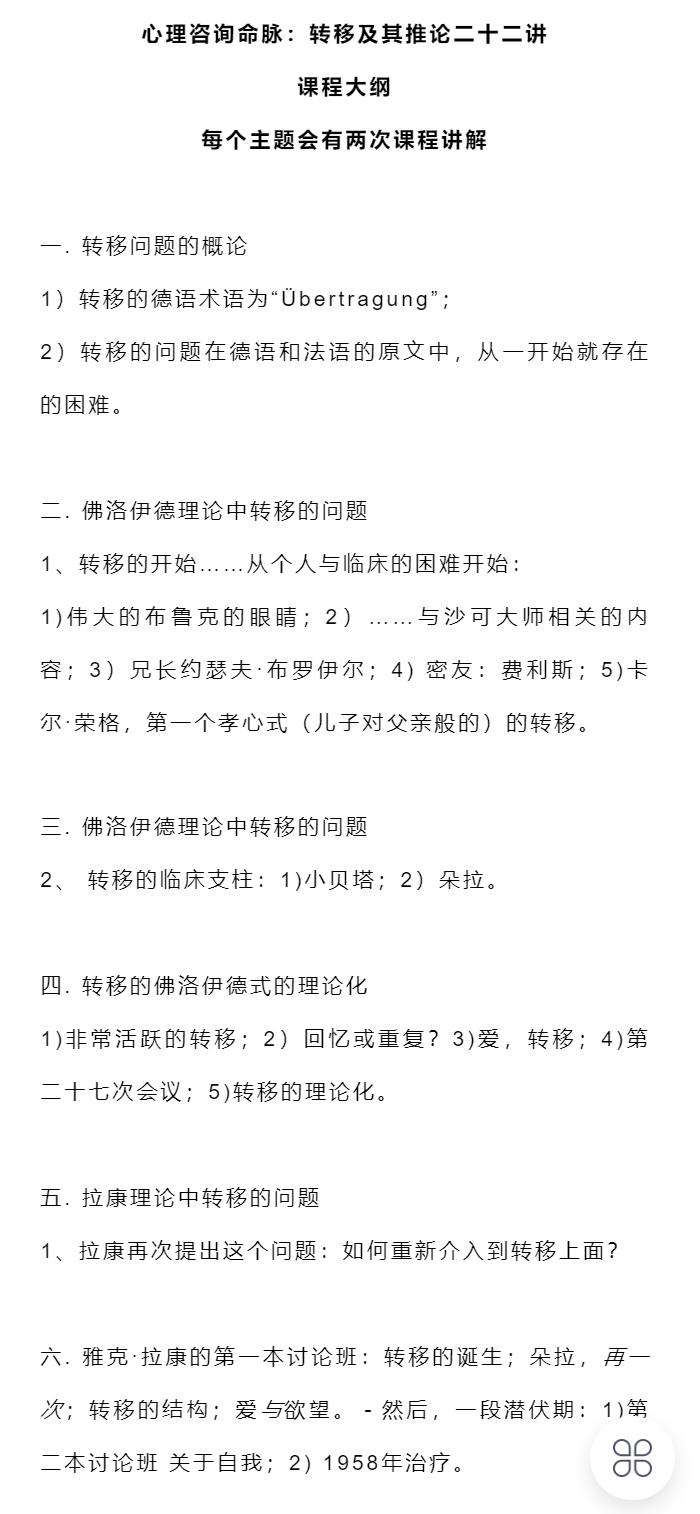 【50[红包]·S1131心理咨询命脉：转移及其推论二十二讲+六次直播答疑，法国第五代佛洛伊德派，第二代拉康派精神分析】