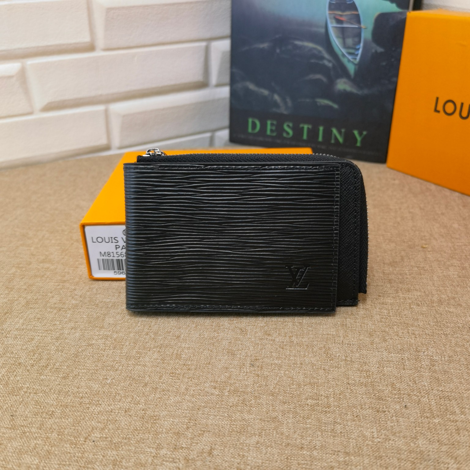 Black leather card holder front view