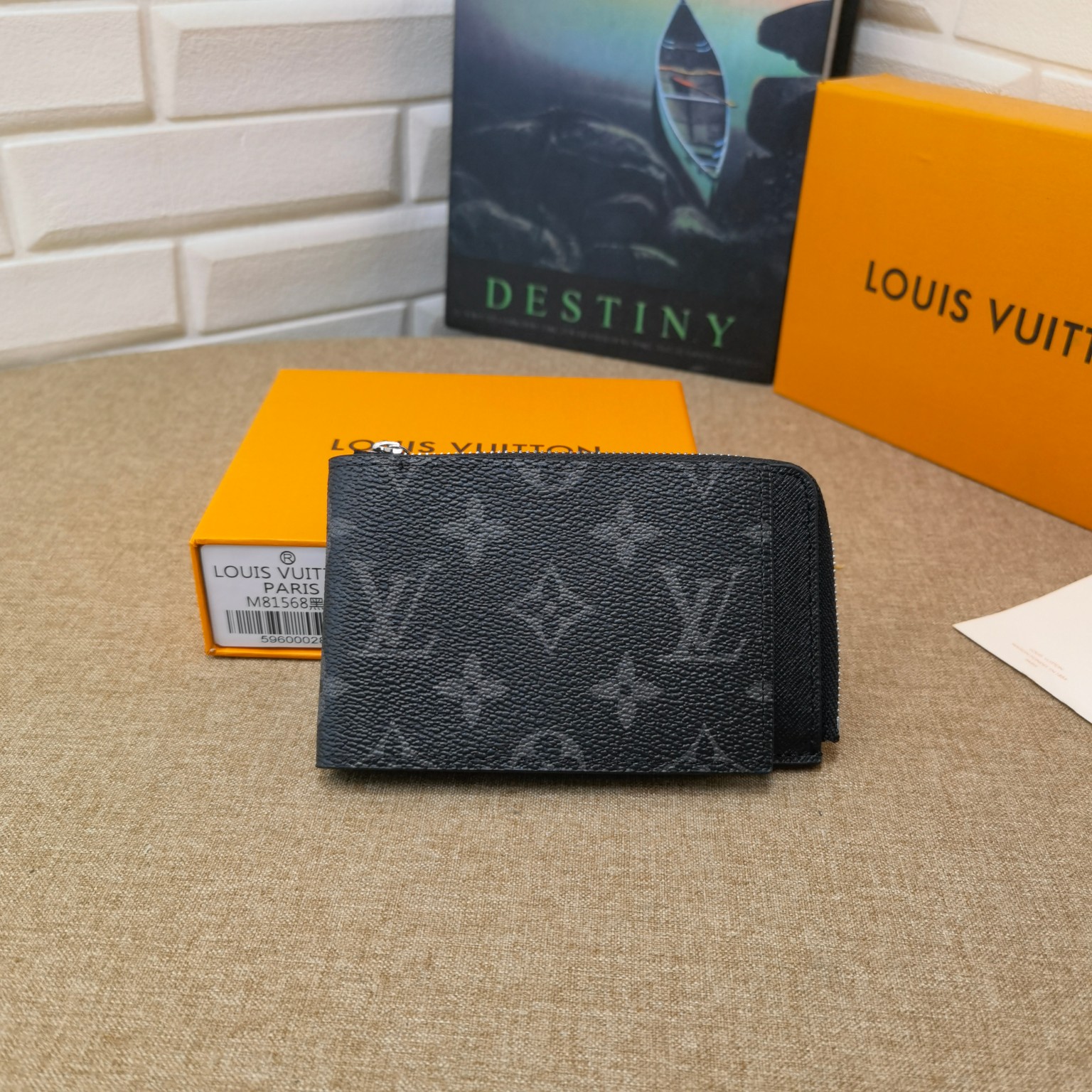 Front view of black leather card holder