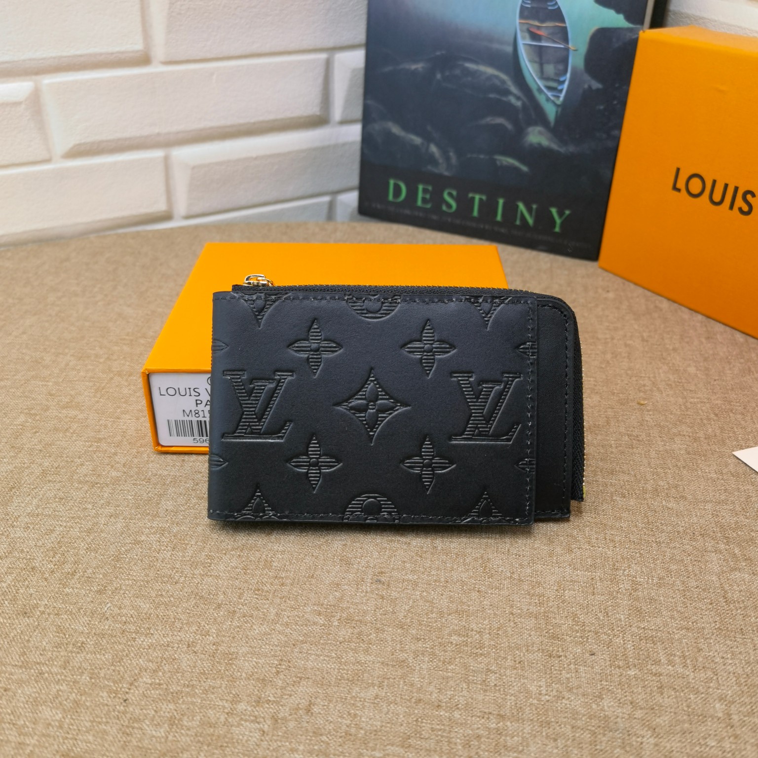 Black leather card holder front view